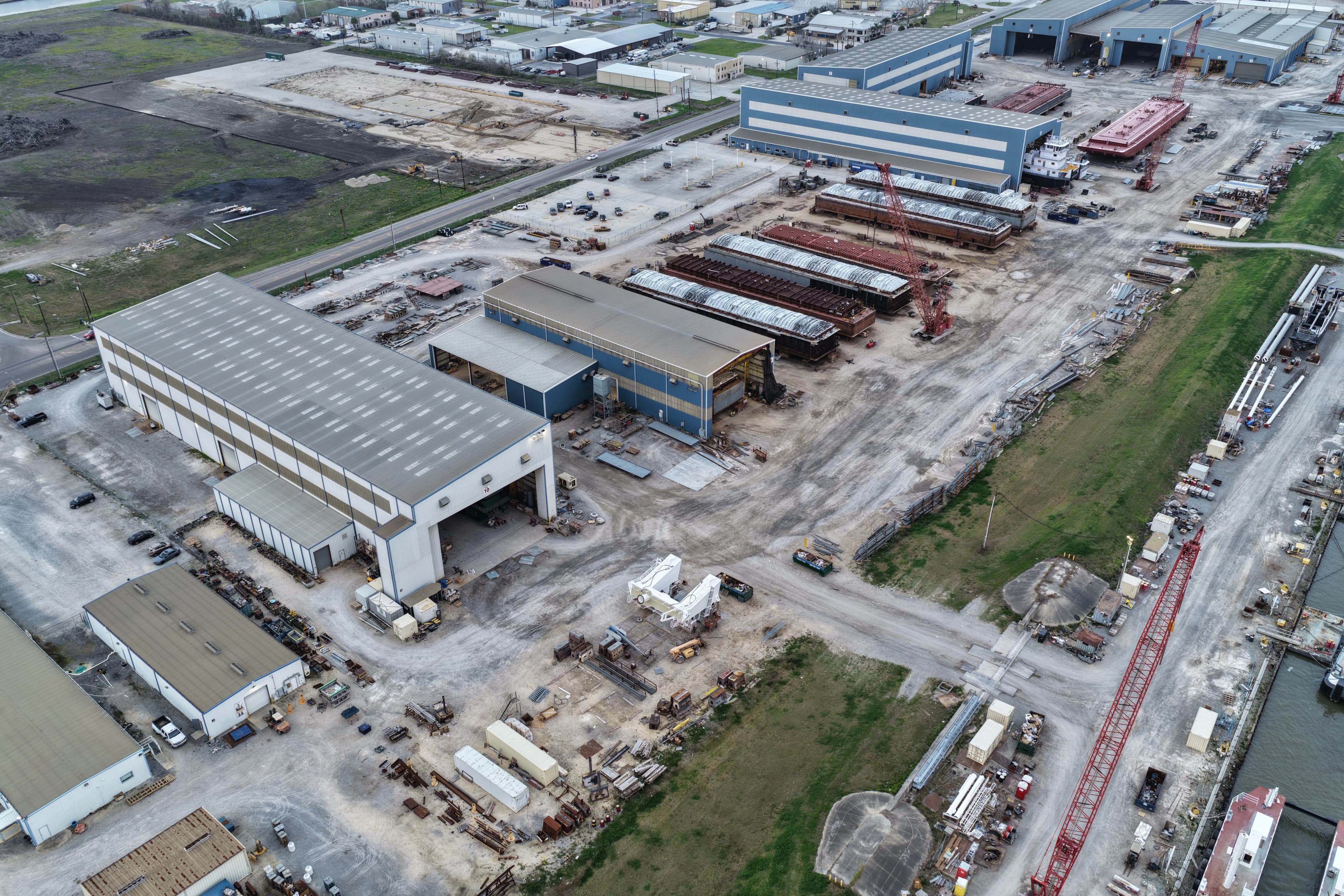 Aerial view of modular construction at C&C Marine with multiple bays active