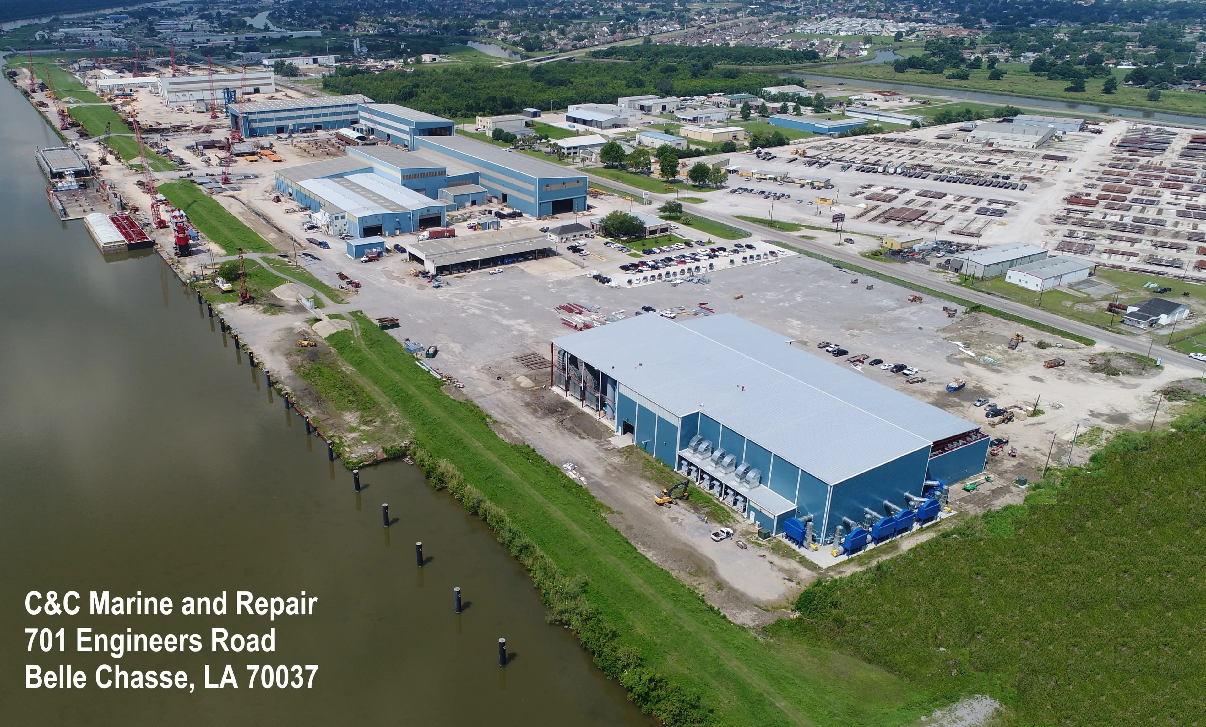 Aerial view of C&C Marine facility along the Gulf Intracoastal Waterway